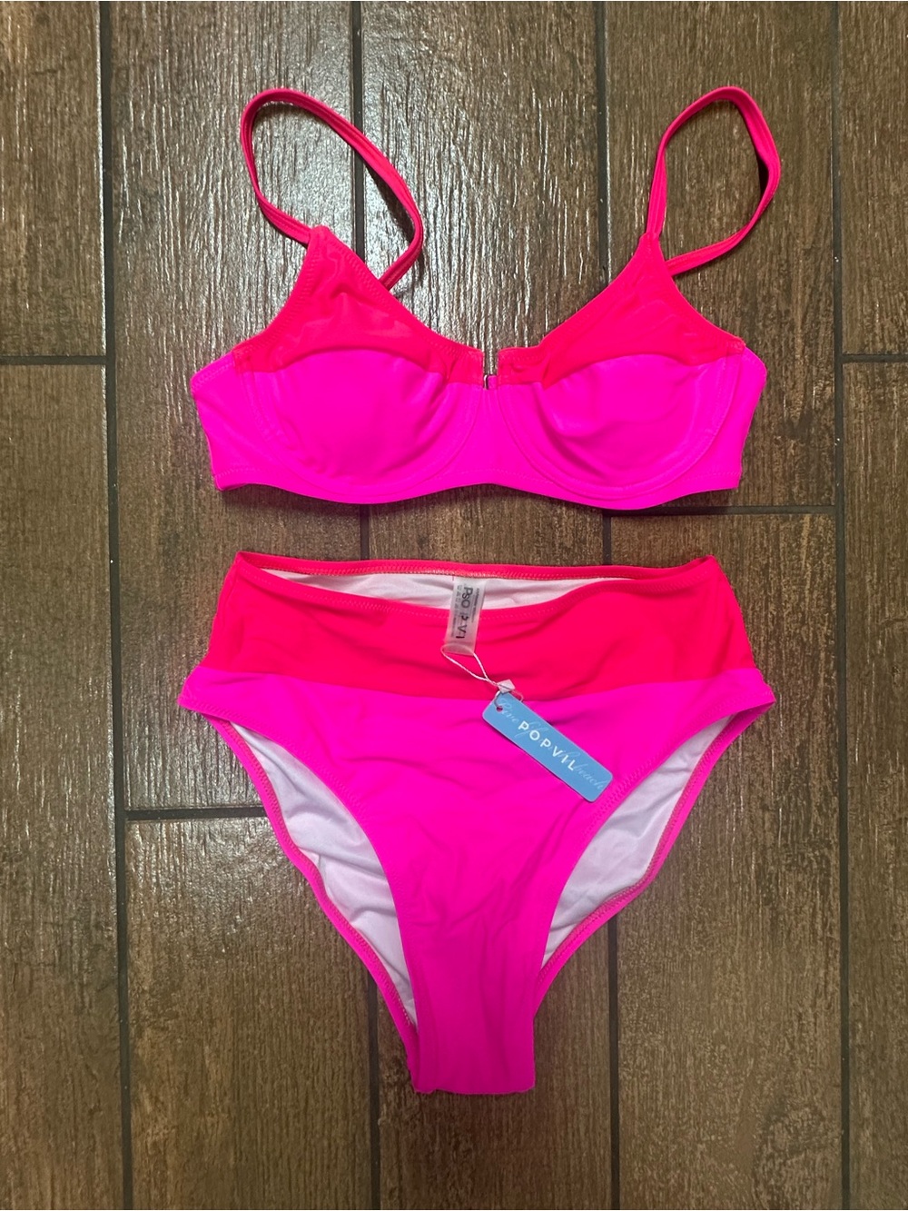 POP VIL Neon Hot Pink Underwire Bikini Set with High-Waist Bottoms